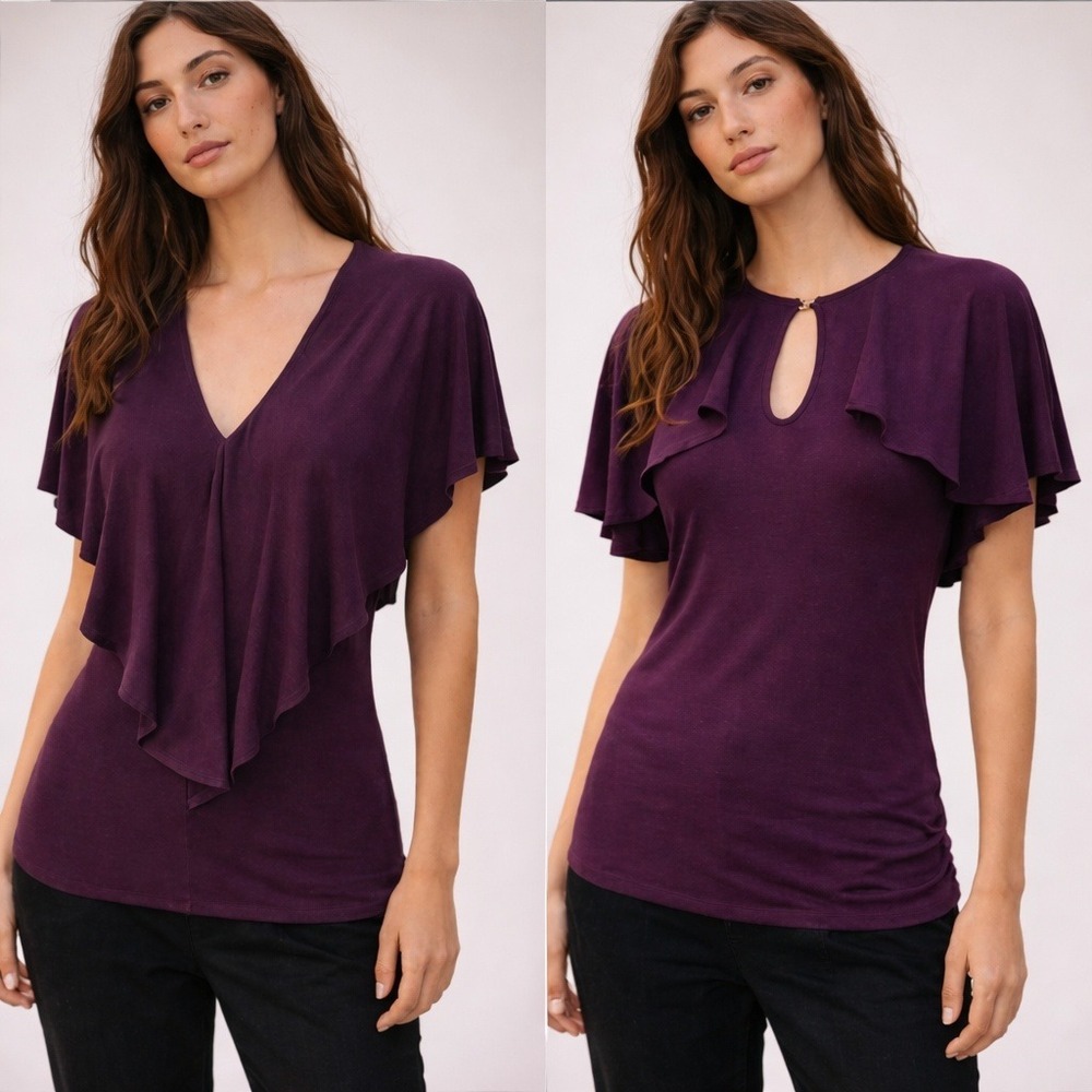 Karen Millen Aubergine Frill Reversible Purple Ruffle Jersey Shirt US SZ 6 New